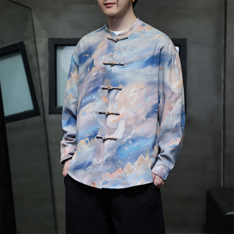 原创新中式春夏新品{宇宙心空}数码印花潮立领长袖衬衫 31220图片