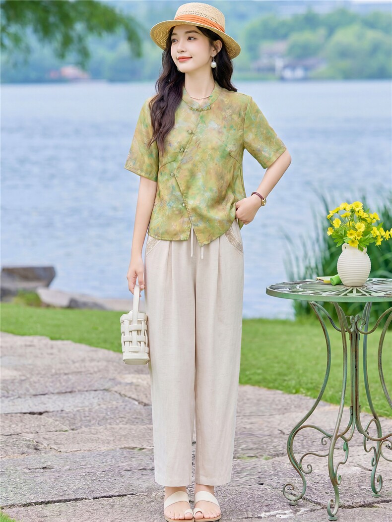 现货2026年夏季新款中式时尚两件套装女T恤小衬衫加天丝麻直筒裤,女装套装/套裙,璐依舞