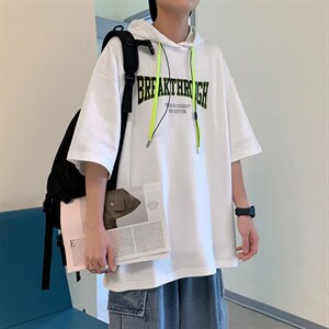 新款优品男士短袖连帽抽绳发泡印花T恤宽松上衣ZDL3207-P53图片