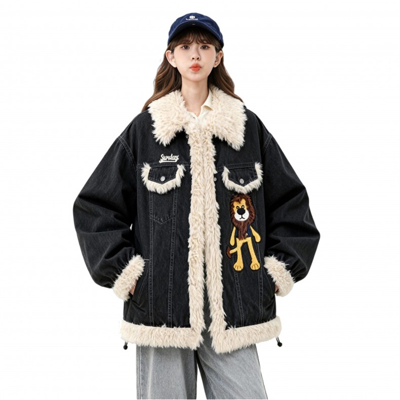 25冬羊羔绒拼接翻领牛仔女卡通绣花宽松加棉外套705-1-M9881-P118,女装短外套,星座705-1