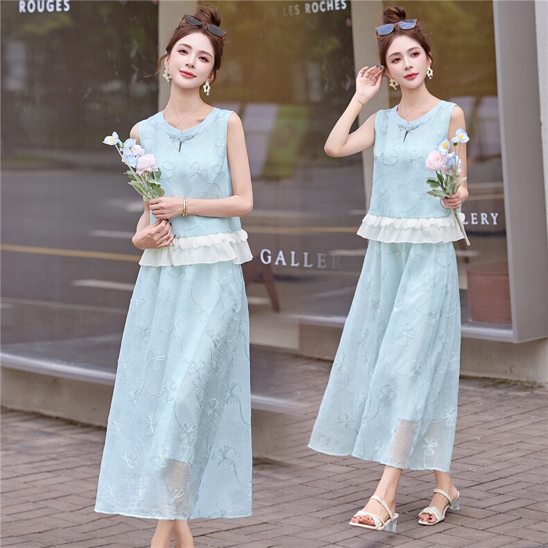 新中式国风套装裙女2025夏季新款巨好看的蓝色无袖减龄一整套穿搭，女装套装/套裙，悠米