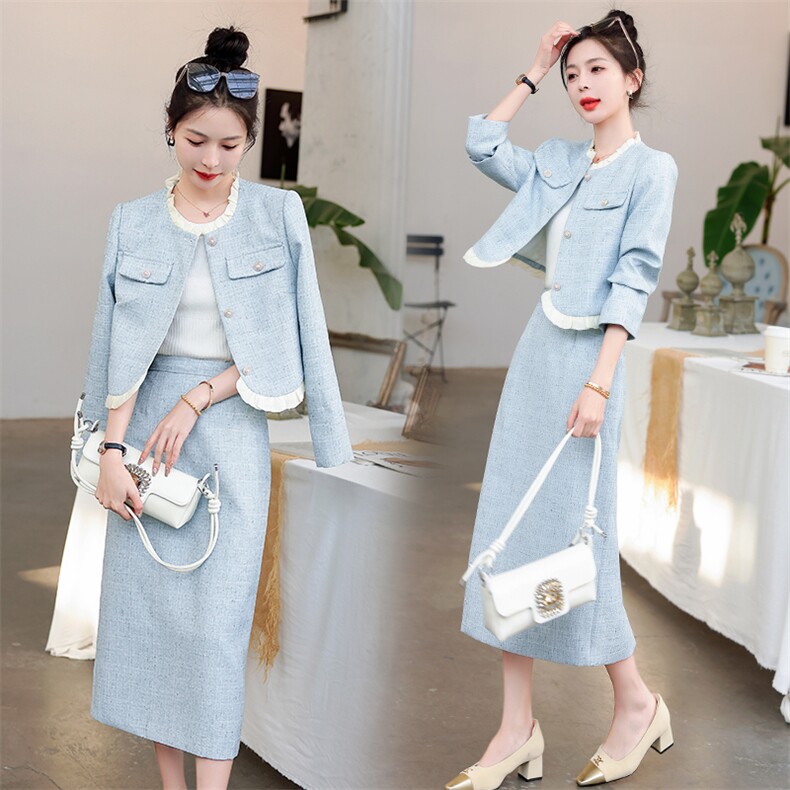 现货小香风2023年春季新款潮流高级有范显瘦收腰优雅甜美两件套，女装套装/套裙，火爆靓佳人