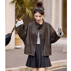 复古立领宽松皮衣外套女2025秋冬季新款休闲百搭显瘦pu皮夹克上衣，女装皮衣，牡丹诺