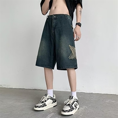 美式潮牛仔短裤男夏季设计感水洗做旧潮牌潮流宽松五分裤子，男装牛仔裤，星座716-2