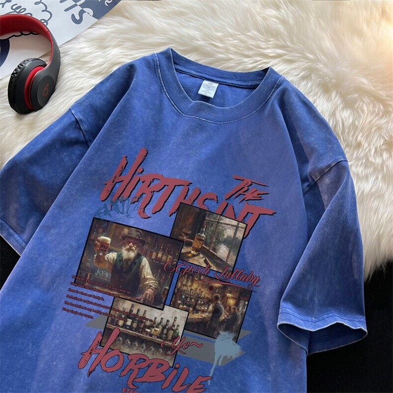 潮牌宽松短袖t恤蜡染美式复古高街水洗做旧517A-2-SX298-P38，男装T恤，星座517A-2