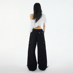 美式高街工装牛仔裤夏季抽绳垂感休闲美式阔腿伞兵裤YD9002-P75图片