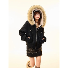 现货重磅boxy短款棉衣座山雕大毛毛领男女棉服水洗工装厚外套，男装棉衣，电商A486-1