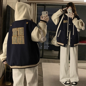 C954-P110 美式撞色春秋重工刺绣2025新款连帽宽松棒球服夹克上衣图片