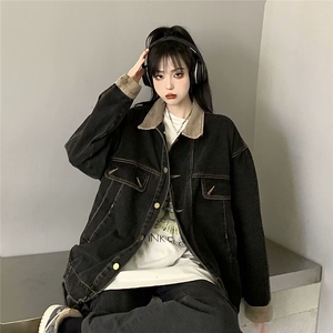 美式复古高街牛仔外套男女春秋季潮牌翻领宽松夹克上衣图片