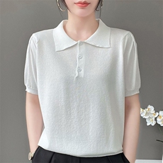 肌理感弹力白搭显瘦POLO领鎏金纱天丝针织短袖女气质纯色翻领上衣，女装T恤，暖姿羊绒