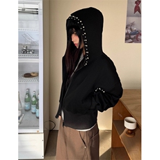 秋季美式小众设计钉珍珠短款连帽外套女复古修身黑色夹克WY206，男装夹克，星座1116A（原606A-3）