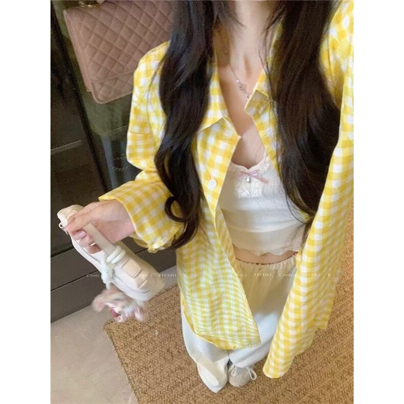 港风格子撞色polo领纽扣衬衫女夏季宽松显瘦慵懒风叠穿防晒上衣潮图片