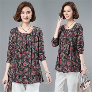 2021春季新款时尚舒适圆领休闲碎花套头衫,女装衬衫,小林双子