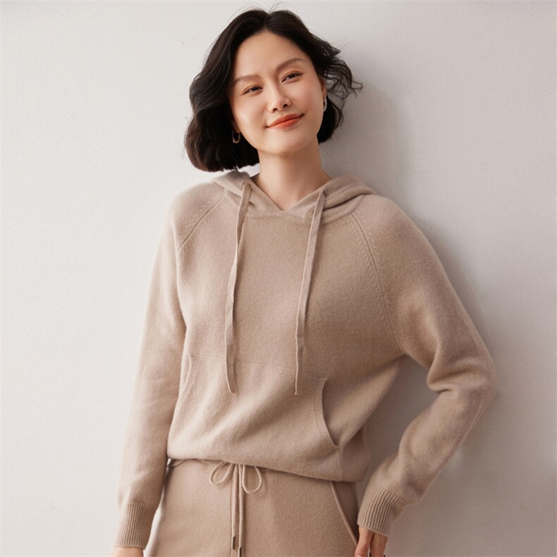 秋冬新款洋气时尚百搭显瘦女款35%山羊绒帽衫,女装羊绒衫,艾巧羊绒