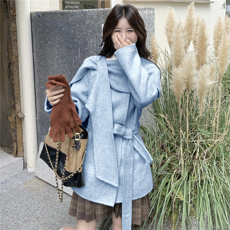 双面羊毛呢短外套女2025秋冬新款可脱卸围巾领两穿小个子呢子大衣,女装双面呢大衣,琦鑫阁（原依鑫阁）