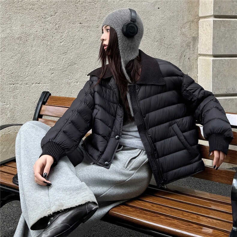 2025冬装新款时尚针织翻领羽绒服,女装羽绒服,曼琳思菲