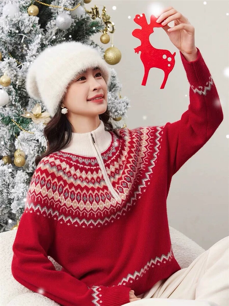 高龄半拉链长袖套头针织衫时尚百搭，女装针织衫/毛衣，隆秋羊绒