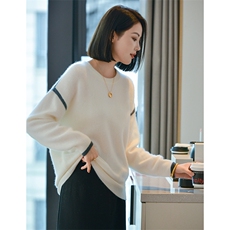 显瘦线条撞色100%纯羊毛衫加厚女宽松毛衣2025秋冬新款圆领针织衫，女装羊毛衫，宋氏羊绒