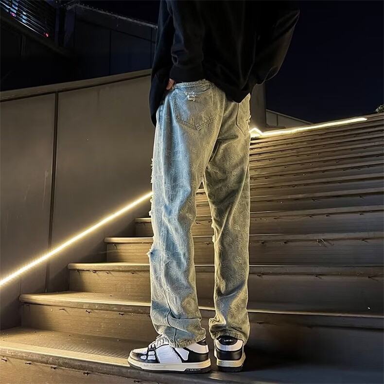 美式高街水洗做旧割破洞牛仔裤vibe风N2205P42,男装牛仔裤,星座1116-2