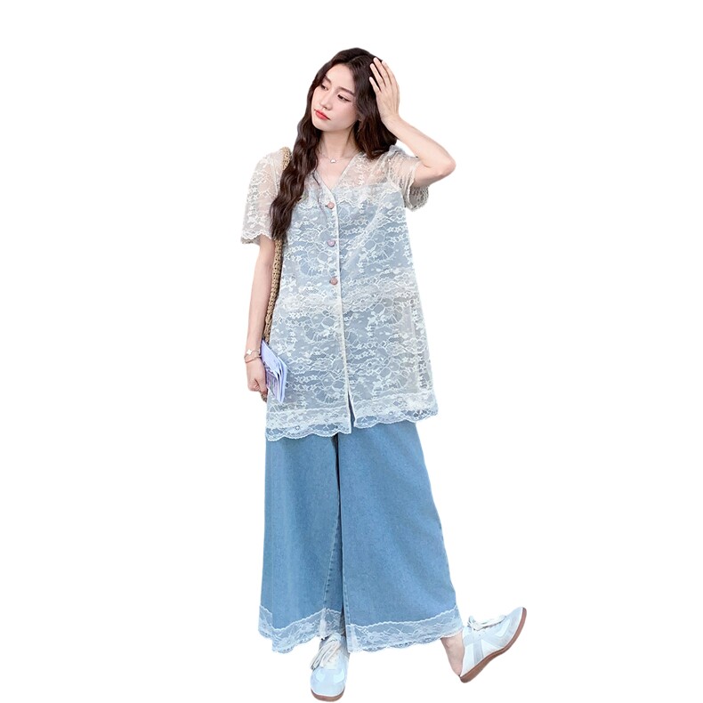 现货2D078-T2080-P165K248蕾丝拼接牛仔上衣+裤子2件套,女装套装/套裙,2D078