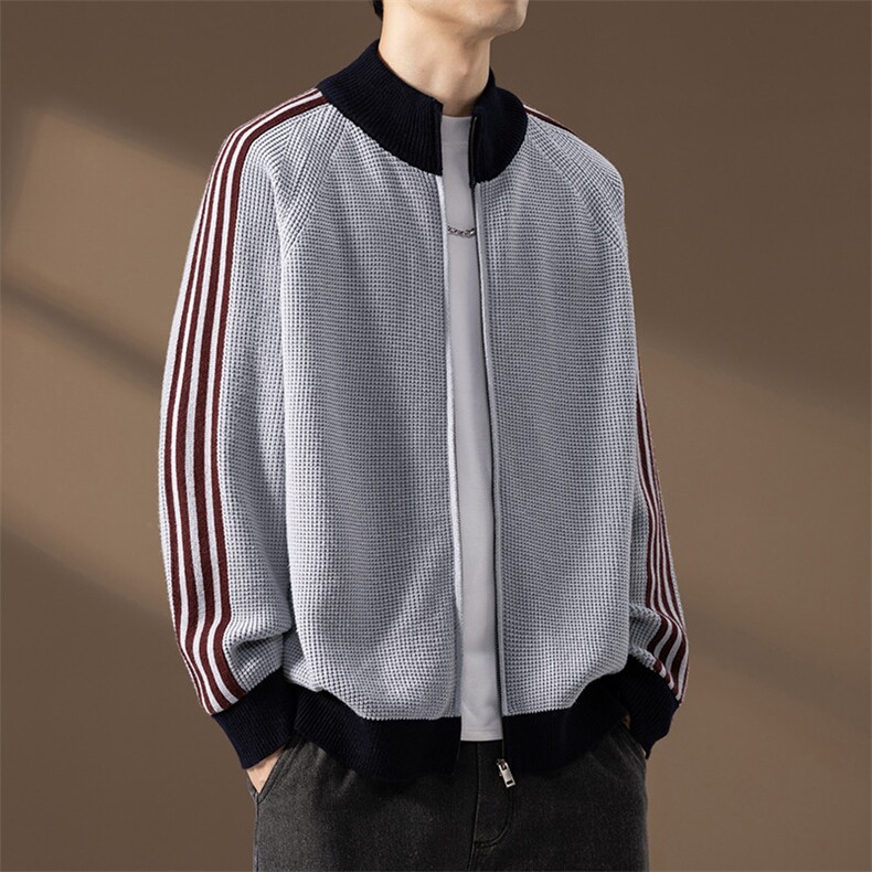 25846-P73秋季时尚立领毛衣开衫男针织衫撞色条纹宽松外套夹克,男装针织衫/毛衣,电商D310B