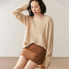 2025年秋季新款卷边圆领针织长袖套头上衣女，女装针织衫/毛衣，鸥蕊娅羊绒
