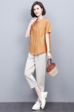 新款2024亚麻棉两件套刺绣T恤衬衫女七分裤中老年妈妈装一整套装，女装套装/套裙，璐依舞
