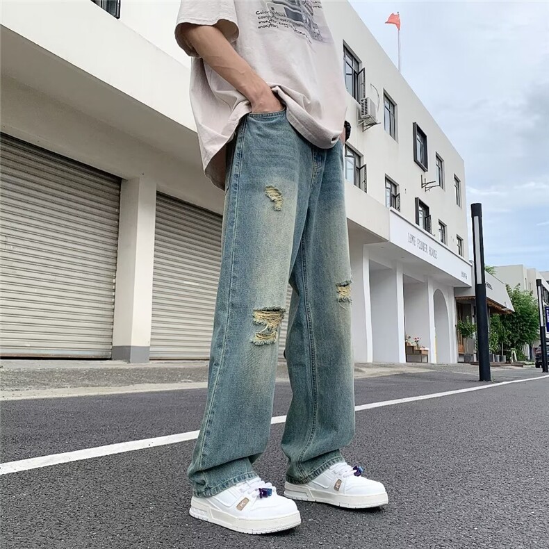 高街复古水洗做旧街头破洞牛仔裤男潮牌直筒宽松百搭XK8054-P48,男装牛仔裤,星座1109-3