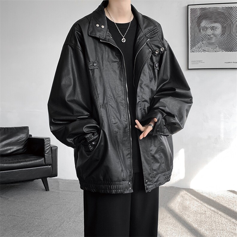 8XL-M日系立领PU皮衣外套男美式高街痞帅机车服夹克大码JK002P115,男装夹克,电商B312