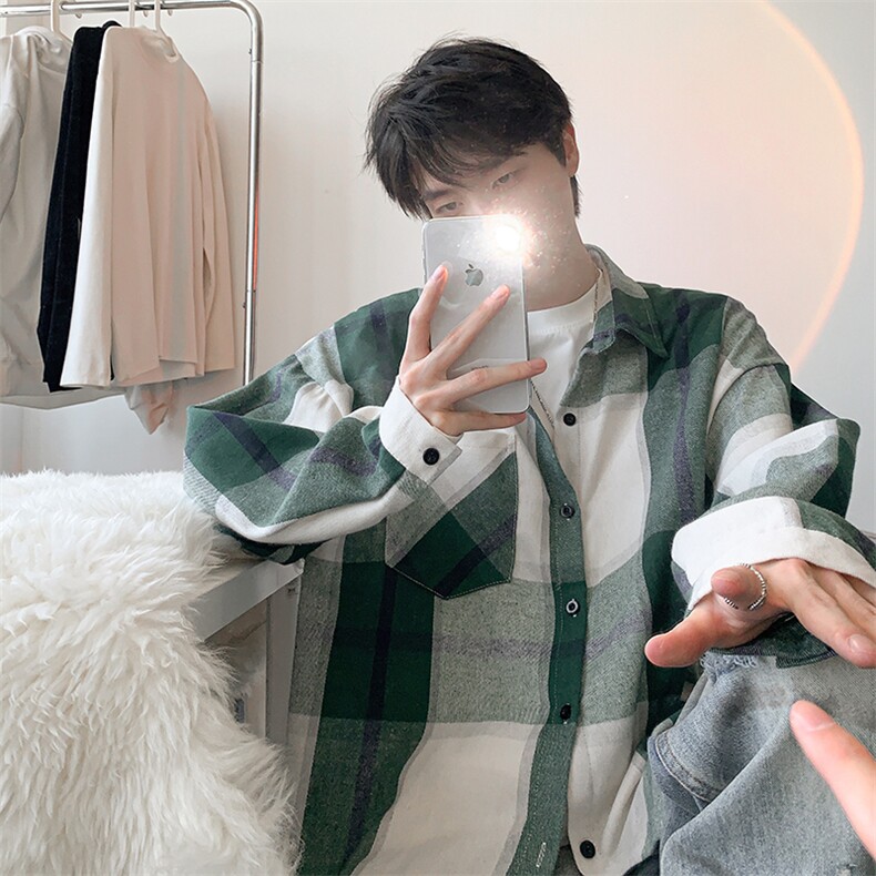 衬衫男秋季新款港风宽松大码磨毛格子长袖衬衣CS6636-特P29，男装衬衫，星座214-3