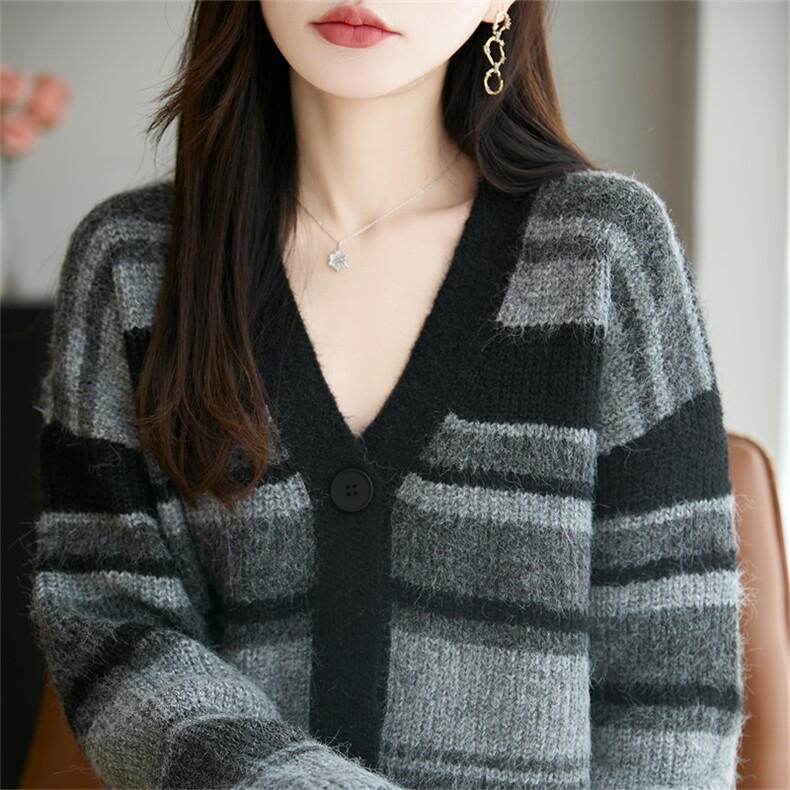 法式撞色复古条纹针织开衫女25新款加厚保暖外套毛衣巨好看上衣潮,针织衫/毛衣,郡淞羊绒