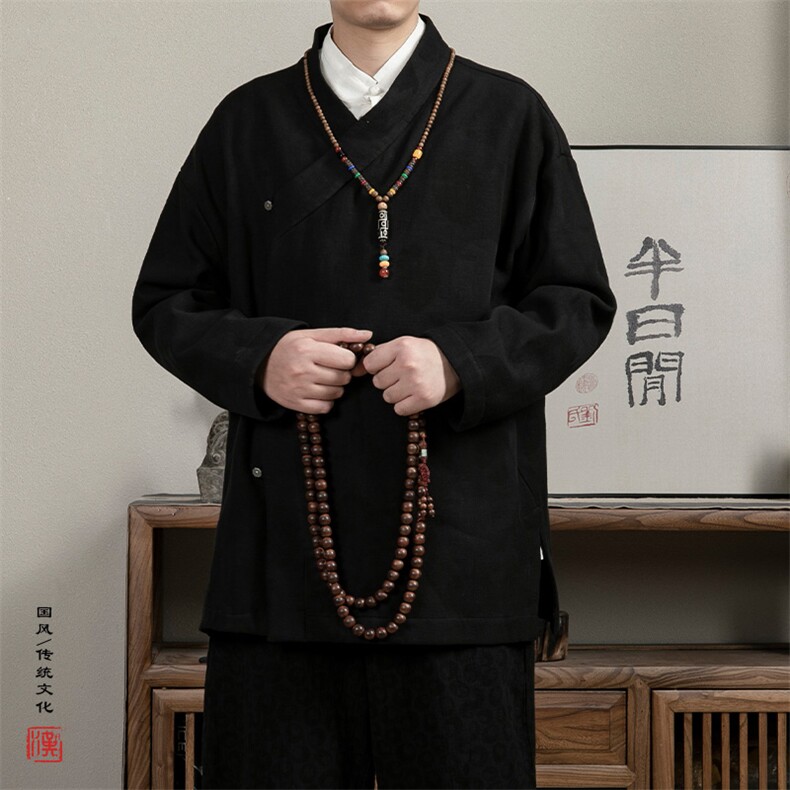 新款风男装加绒加厚棉麻提花改良斜襟汉服男士道袍X15P90图片