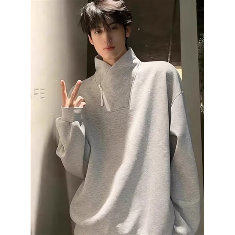 男女长袖T恤春秋季新款上衣设计感斜拉链交叉立领卫衣W8018,男装T恤,星座1116A（原606A-3）