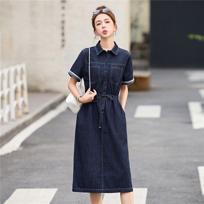 2025夏季新款巨好看的连衣裙高级感超火减龄收腰显瘦牛仔衬衫裙子,女装连衣裙,布芭啦