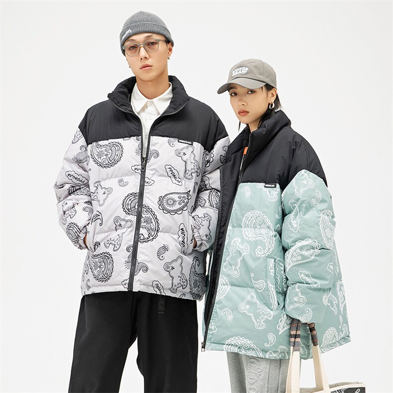 2023冬季新款大码男无影墙腰果花小熊印花宽松棉服M7311-p90图片