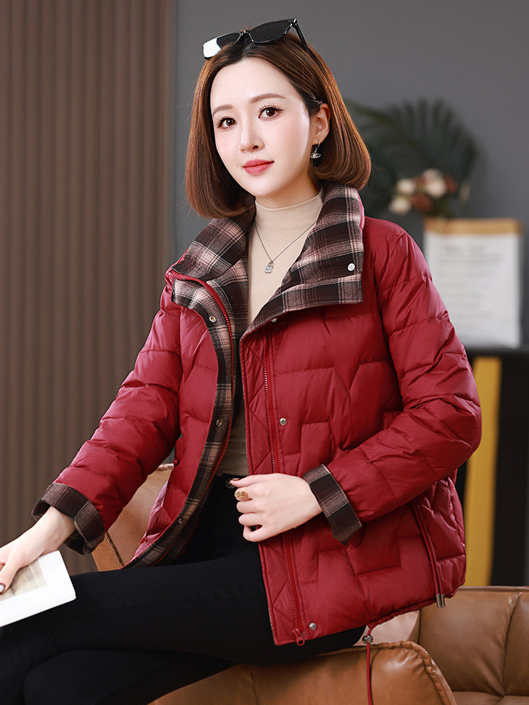 2025冬装新款撞色格纹拼接立领棉衣外套,女装棉衣/棉服,雪樱依海