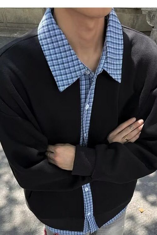 假两件格子拼接外套男2026新款春秋季美式重磅卫衣cleanf开衫夹克,男装夹克,星座302B
