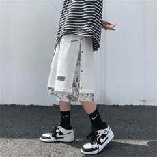 排扣短裤男腰果花拼接宽松潮牌潮流假两件休闲五分中裤子DJ21-p28，男装休闲裤，星座1008-1