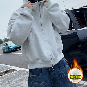480G重磅加绒硬挺boxy 男女秋冬美式高街防风高领卫衣开衫厚外套图片