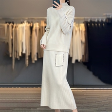 2025秋冬新款羊毛针织打底半高领上衣羊绒内搭半身裙两件套，女装套装/套裙，犀桦羊绒
