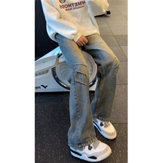美式水洗复古褶皱弯刀牛仔裤男款高街vibe裤子直筒长裤微喇长裤，男装牛仔裤，四季星座505