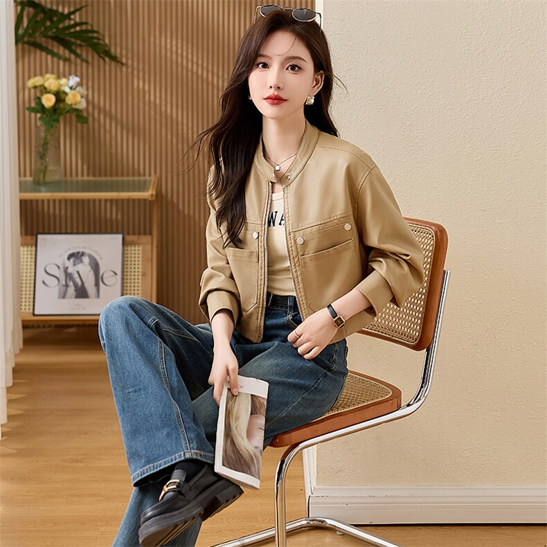 现货复古短款皮衣外套女2024春秋新款PU皮机车服秋季女式皮夹克,女装皮衣,江南女神