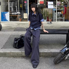 得物抖音高品质二开夏季美式潮牌高街假两件格子衬衣翻领短袖T恤，男装T恤，电商A486