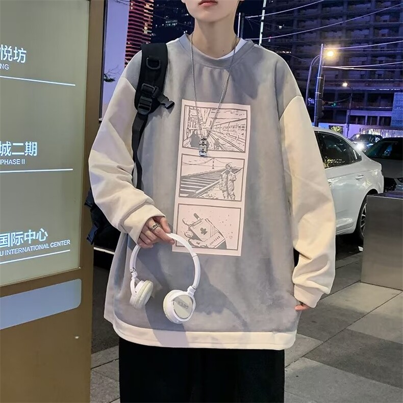圆领oversize百搭外套秋季港风潮牌拼接麂皮绒卫衣男W5918-P35,男装卫衣,星座512-3