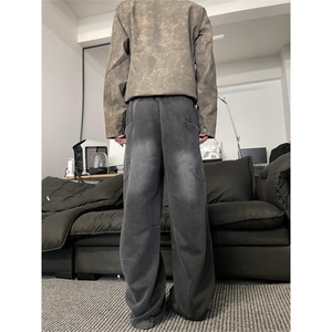 K844-特P55 复古水洗复合宽松直筒拖地裤男女休闲垂感阔腿裤图片