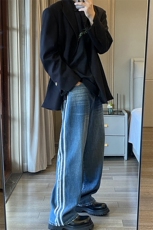 B221美式ins高街小众宽松三条杠运动牛仔裤LK23130-P60控78，男装牛仔裤，电商B221