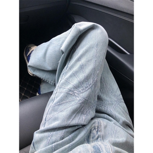 水洗软牛仔废土刺绣阔腿牛仔裤男夏季中性风直筒长裤 N110图片