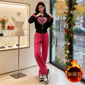 设计感时尚减龄套装女秋冬款撞色拼接爱心拉链开衫外套长裤两件套图片