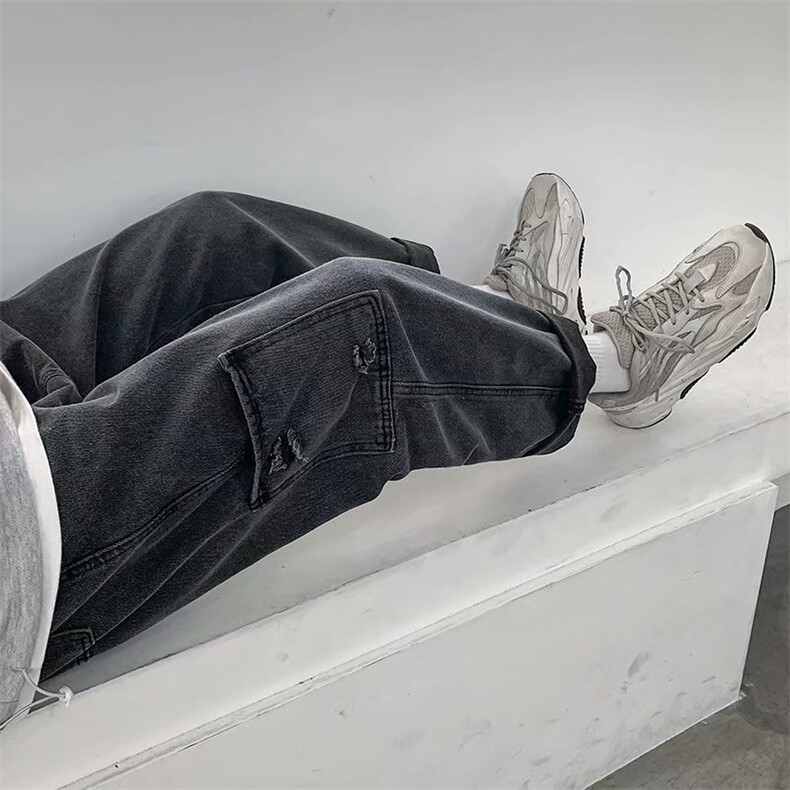 牛仔裤男宽松直筒潮牌港风复古破洞坠感阔腿休闲裤子P35,男装牛仔裤,星座410-7