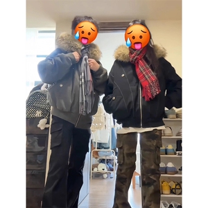 现货重磅boxy短款棉衣座山雕大毛毛领男女棉服水洗工装厚外套图片